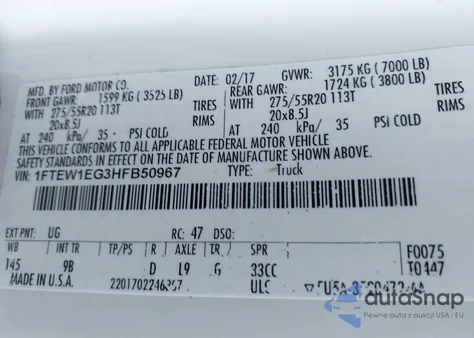 2017 Ford F-150 Platinum из США, поврежденный, VIN 1FTEW1EG3HFB50967